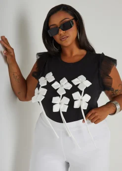 Online Ashley Stewart Paneled Bow Embellished Top Black