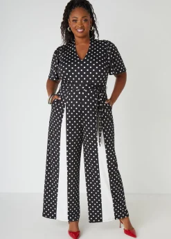 Sale Ashley Stewart Paneled Polka Dot Jumpsuit Black White