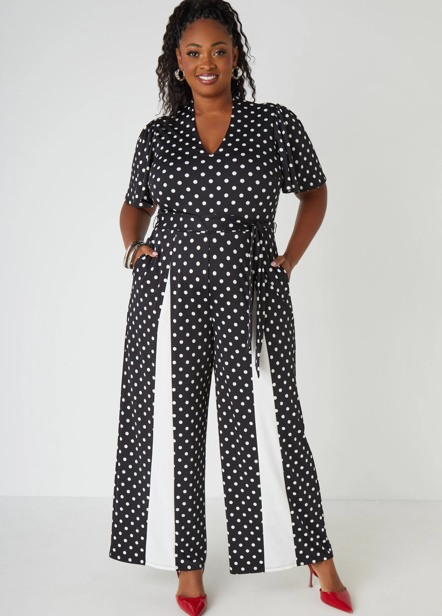 Sale Ashley Stewart Paneled Polka Dot Jumpsuit Black White