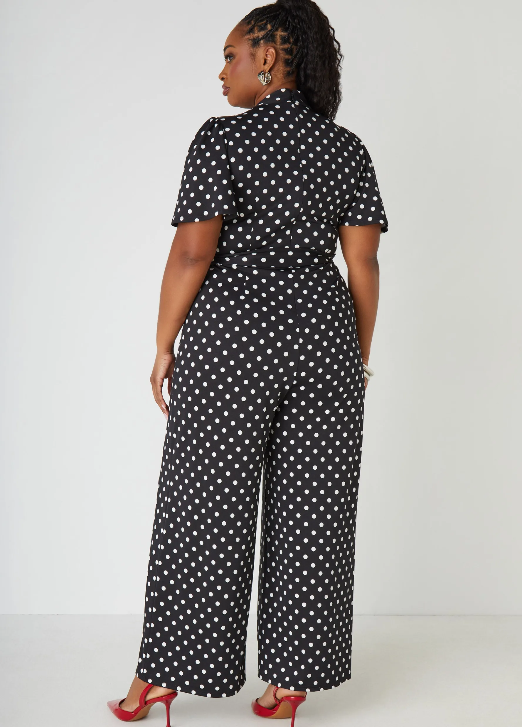 Sale Ashley Stewart Paneled Polka Dot Jumpsuit Black White