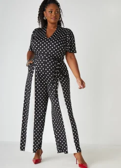 Sale Ashley Stewart Paneled Polka Dot Jumpsuit Black White