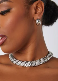 Sale Ashley Stewart Pavé Crystal Tone Necklace Silver