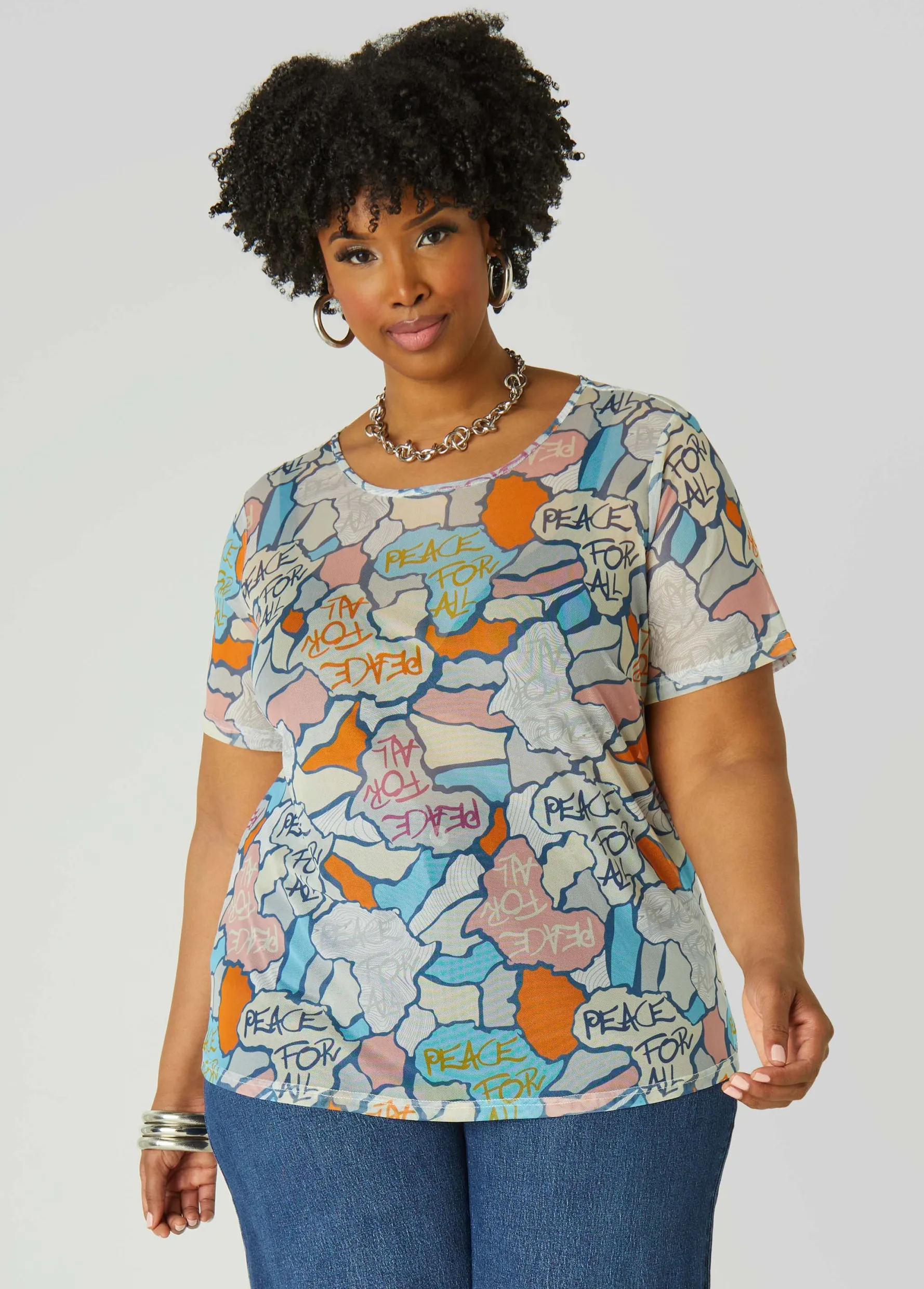 Clearance Ashley Stewart Peace Print Mesh Tee Multi