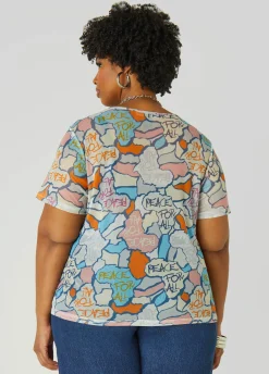 Clearance Ashley Stewart Peace Print Mesh Tee Multi