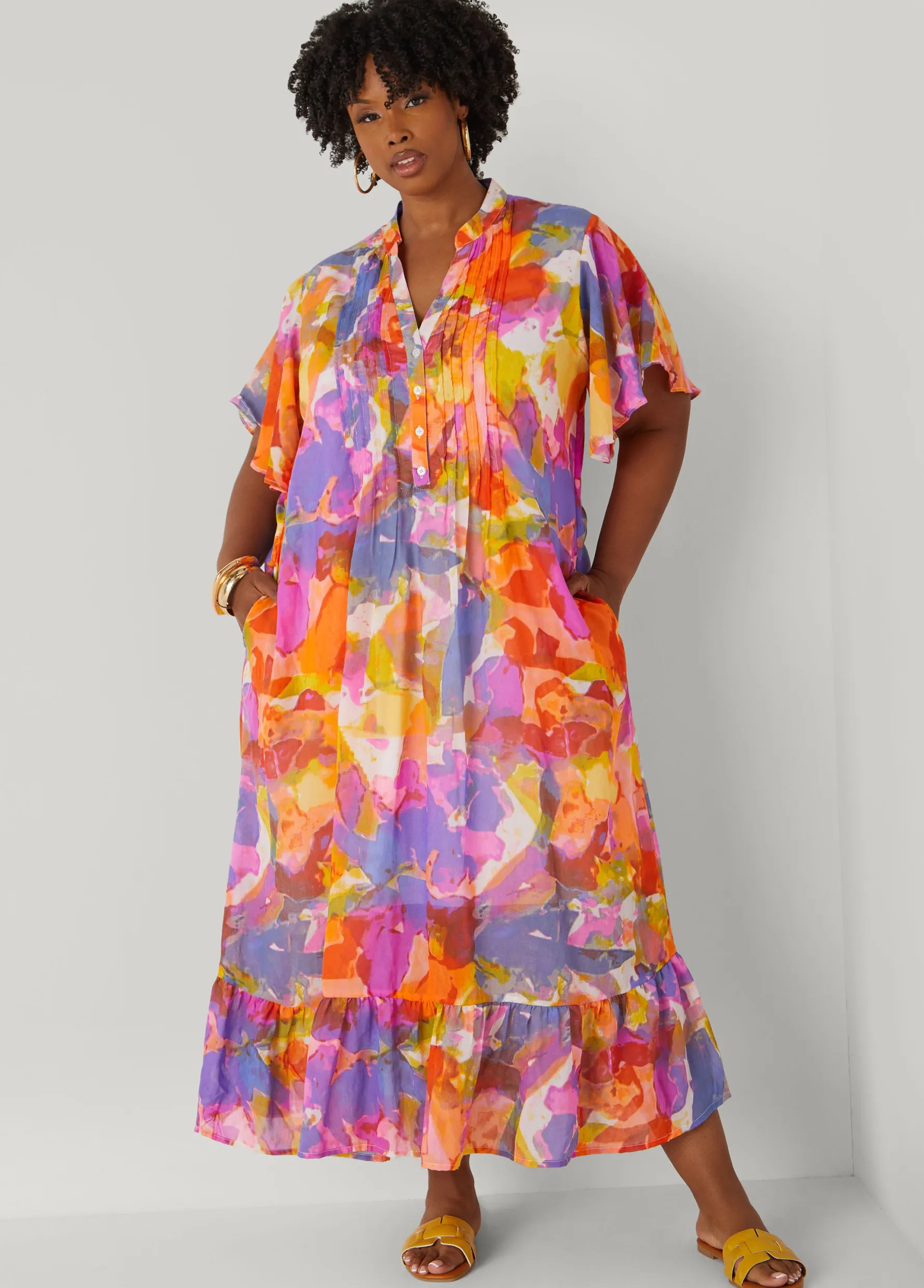 Best Ashley Stewart Pleated Watercolor Maxi Dress Multi