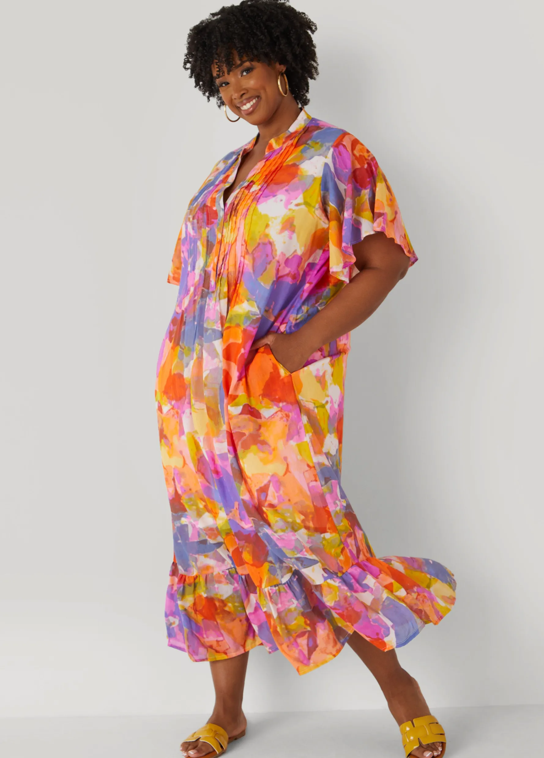 Best Ashley Stewart Pleated Watercolor Maxi Dress Multi