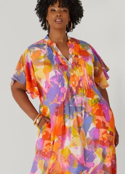 Best Ashley Stewart Pleated Watercolor Maxi Dress Multi