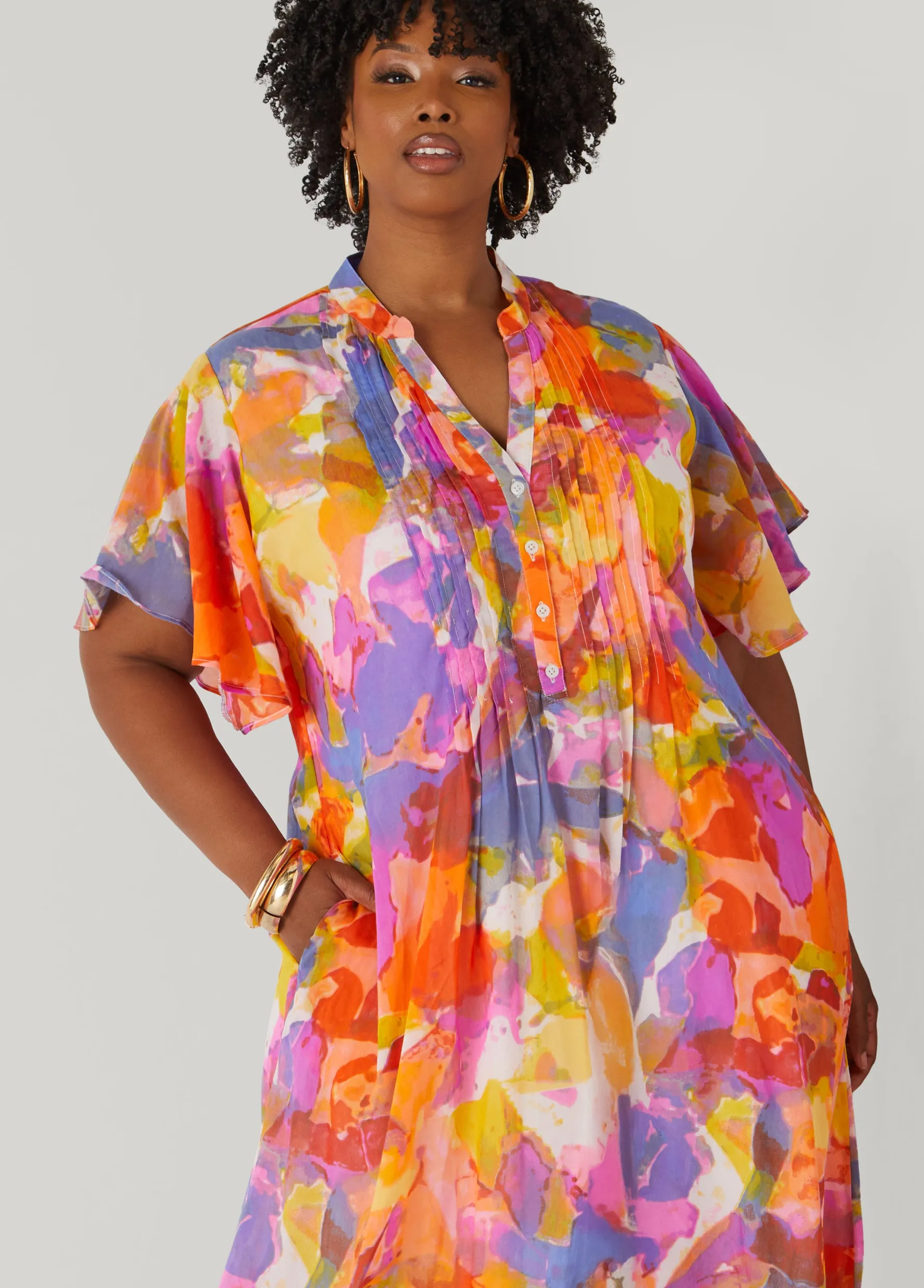 Best Ashley Stewart Pleated Watercolor Maxi Dress Multi