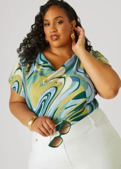 Outlet Ashley Stewart Plisse Swirl Print Top