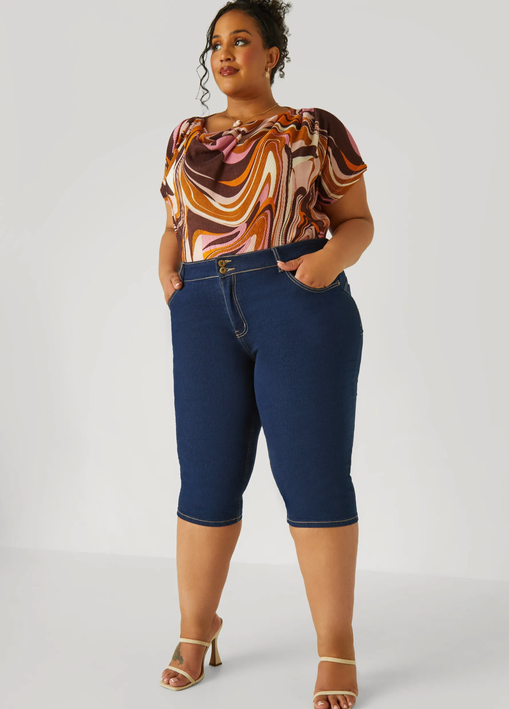 Outlet Ashley Stewart Plisse Swirl Print Top