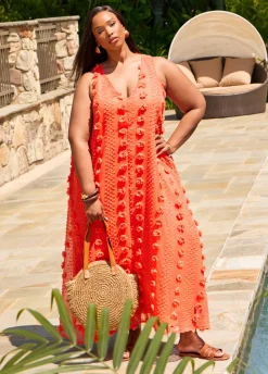 Fashion Ashley Stewart Pompom Gauze Maxi Dress
