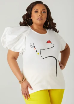 Hot Ashley Stewart Poplin Paneled Jersey Graphic Tee White