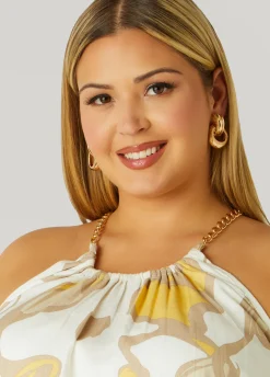 New Ashley Stewart Printed Chain Trimmed Top