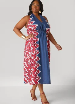 Clearance Ashley Stewart Printed Cotton Halter Dress Peacoat