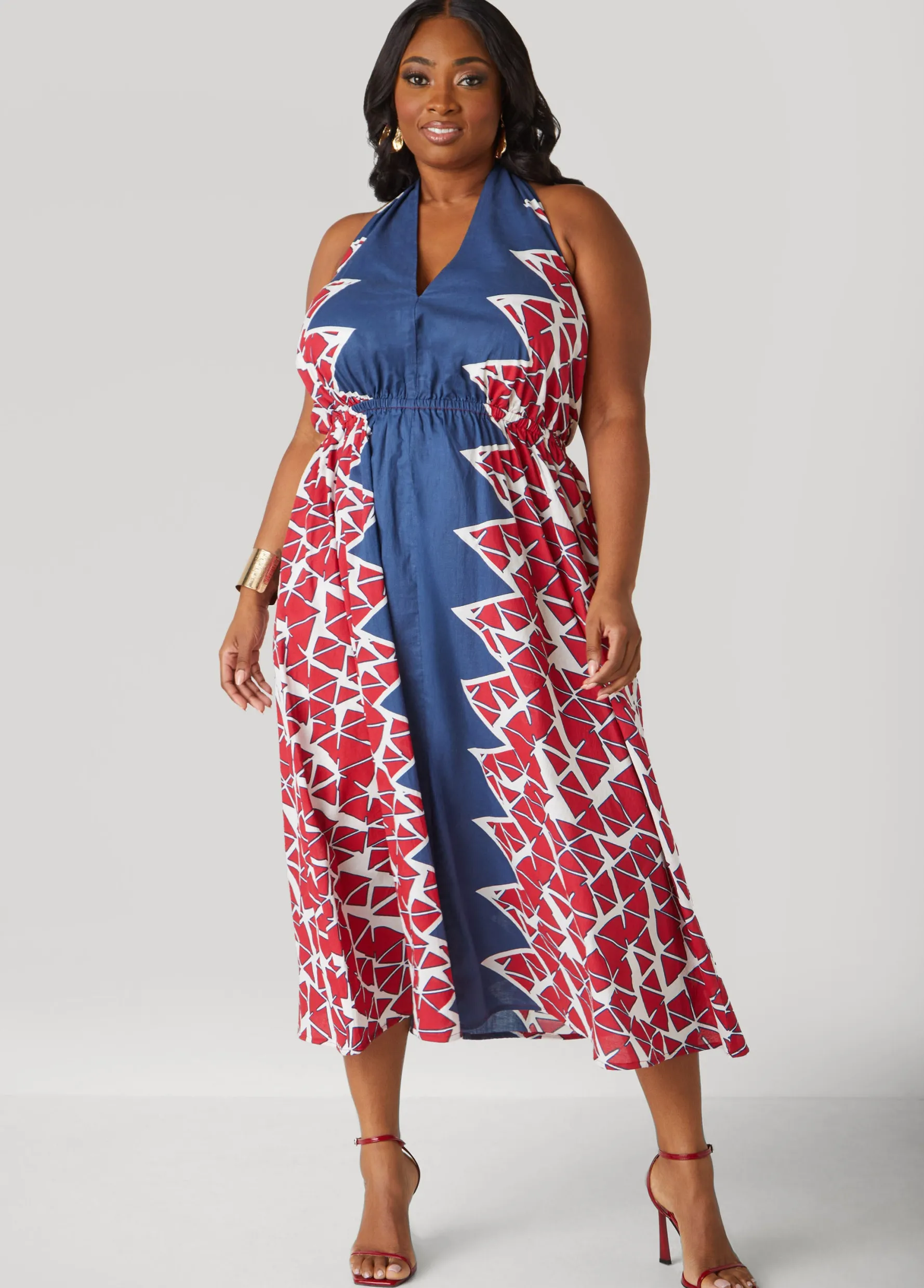 Clearance Ashley Stewart Printed Cotton Halter Dress Peacoat