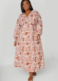 New Ashley Stewart Printed Shirred Cotton Dress Caramel Cafe