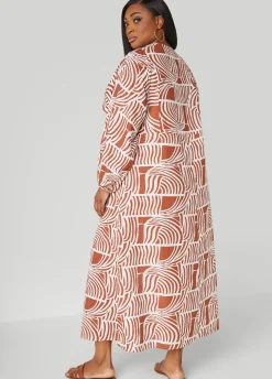 New Ashley Stewart Printed Shirred Cotton Dress Caramel Cafe