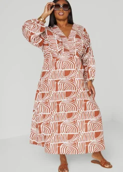 New Ashley Stewart Printed Shirred Cotton Dress Caramel Cafe