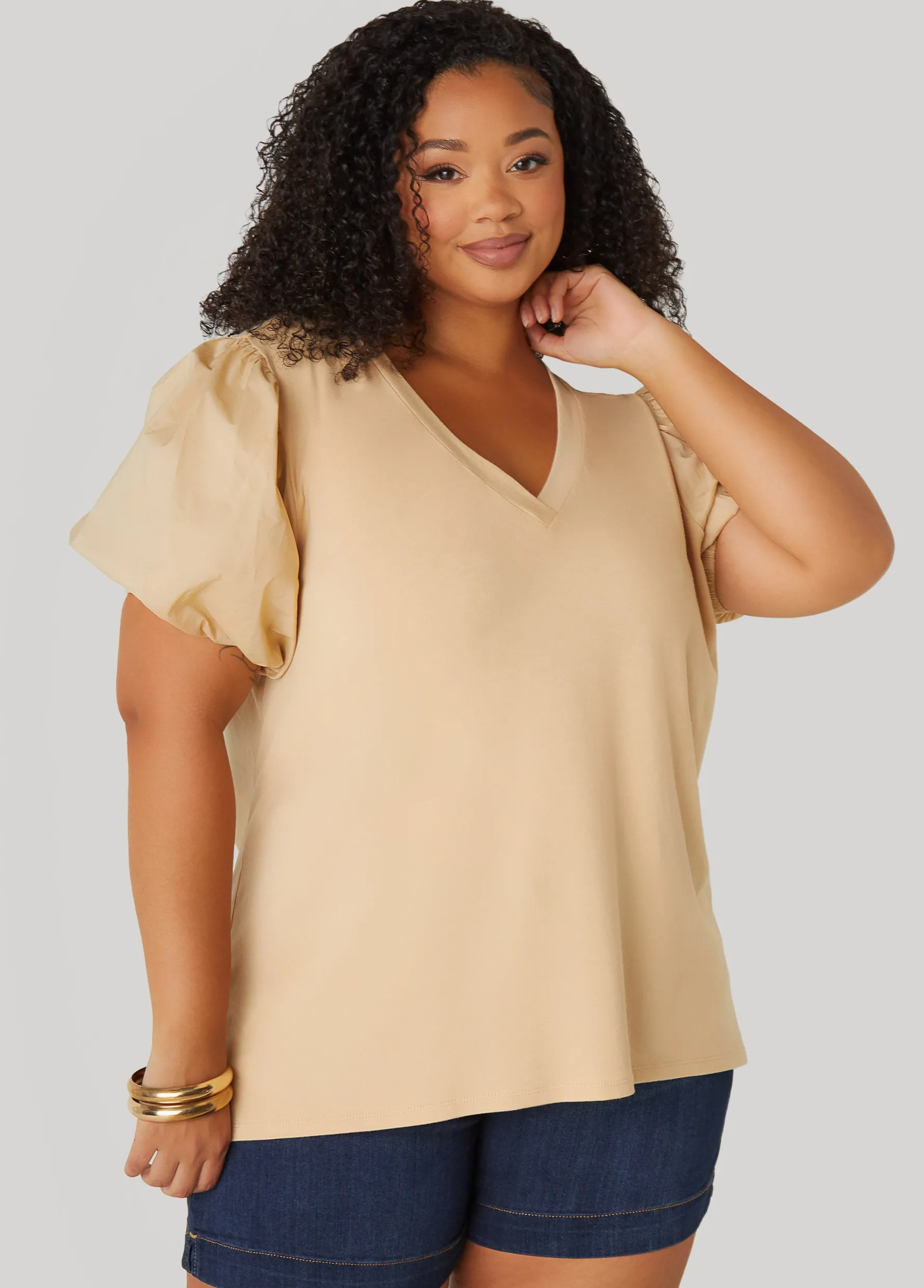 Fashion Ashley Stewart Puff Sleeve Paneled V Neck Tee