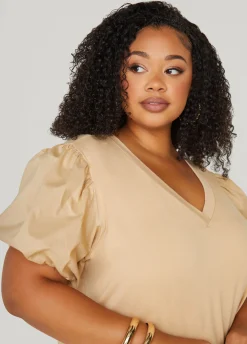 Fashion Ashley Stewart Puff Sleeve Paneled V Neck Tee