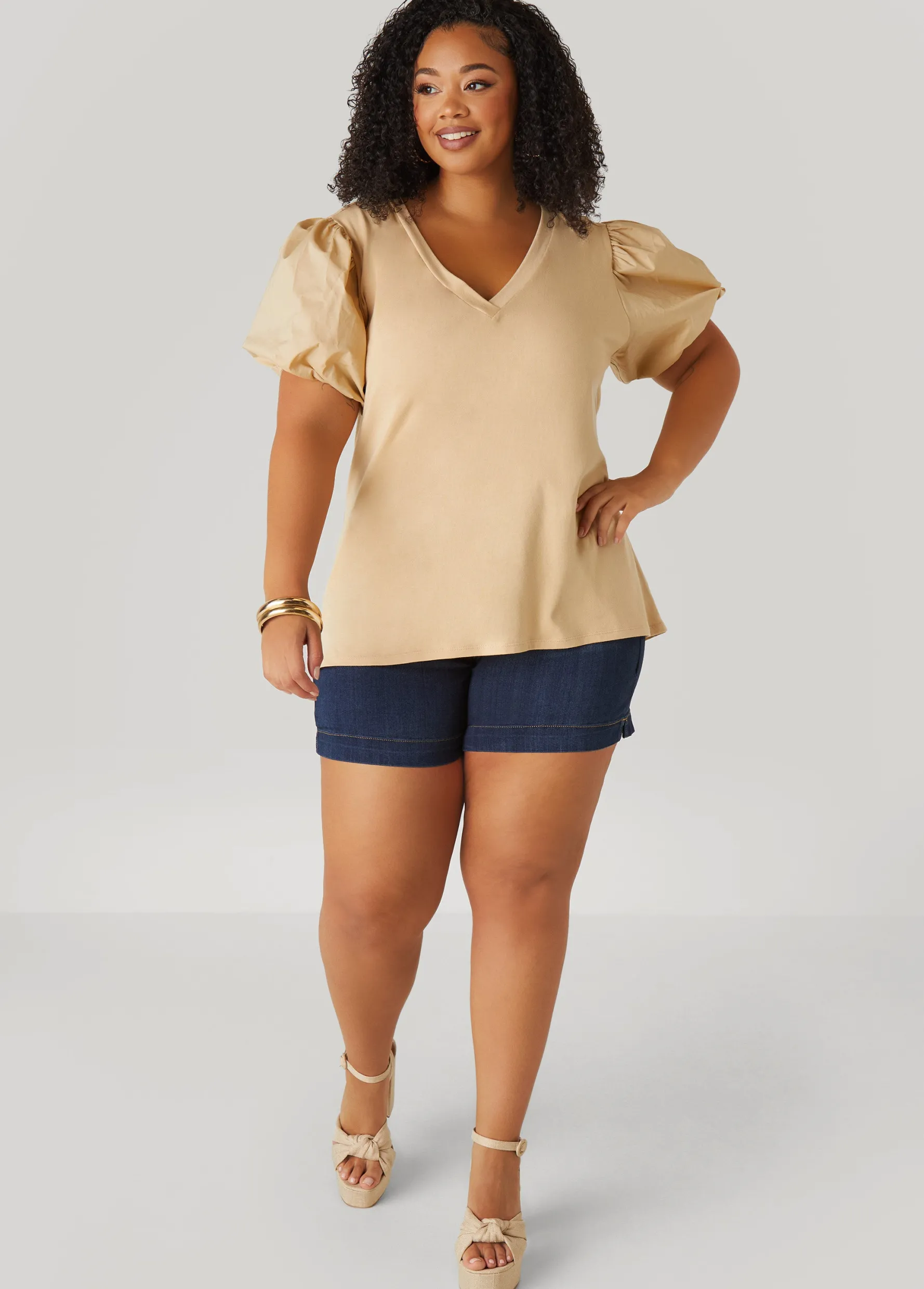 Fashion Ashley Stewart Puff Sleeve Paneled V Neck Tee
