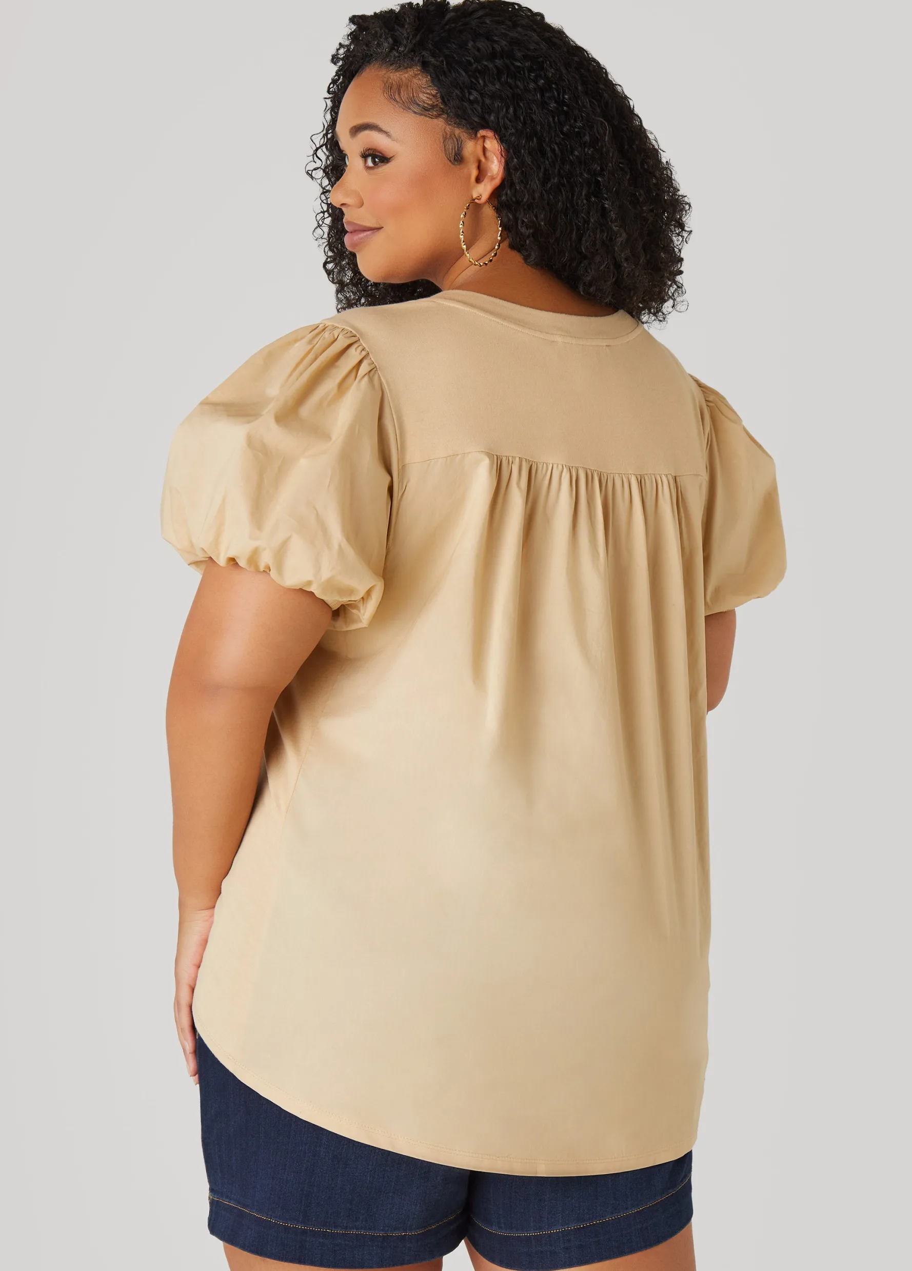 Fashion Ashley Stewart Puff Sleeve Paneled V Neck Tee