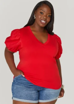 Fashion Ashley Stewart Puff Sleeve Paneled V Neck Tee