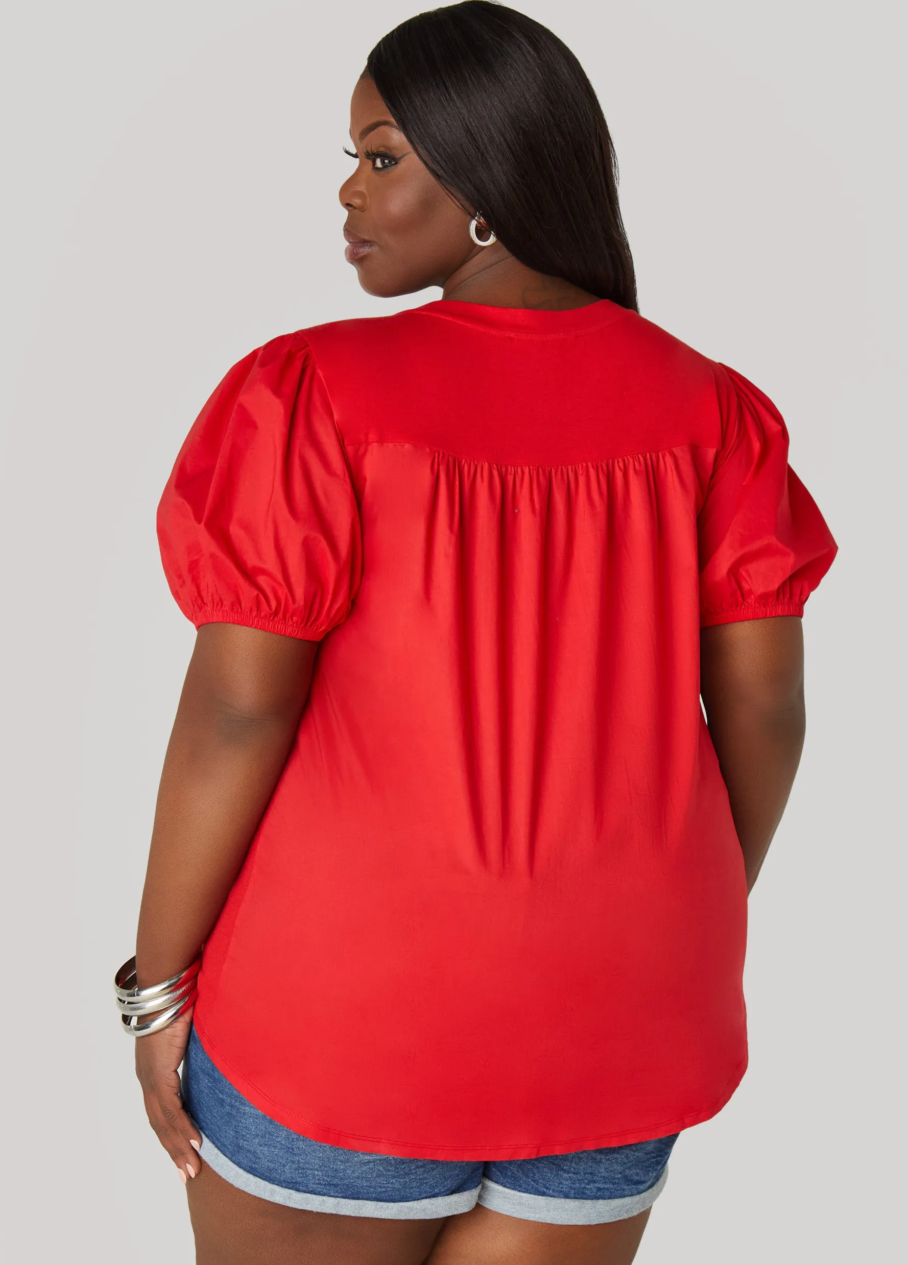 Fashion Ashley Stewart Puff Sleeve Paneled V Neck Tee
