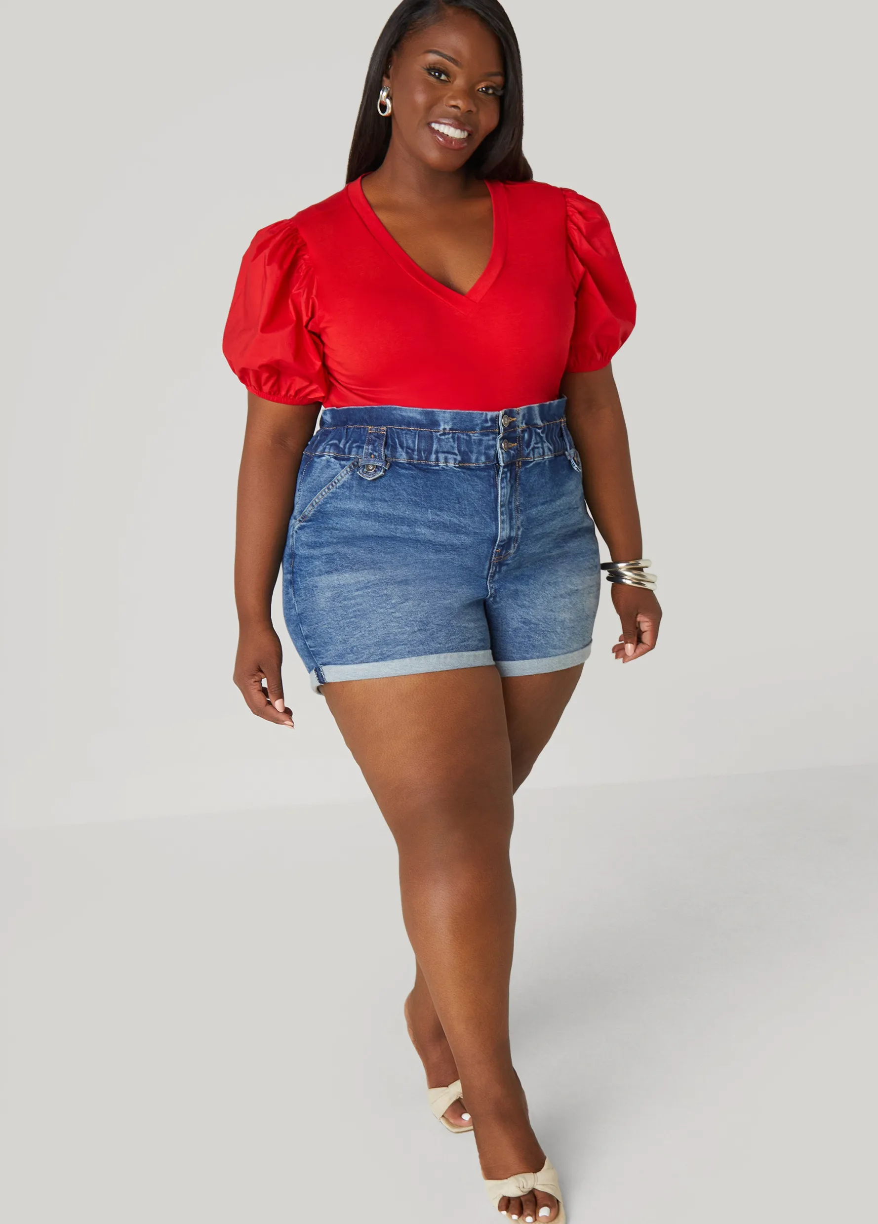 Fashion Ashley Stewart Puff Sleeve Paneled V Neck Tee