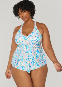 New Ashley Stewart Raisins Curve Viva Tankini Top Multi