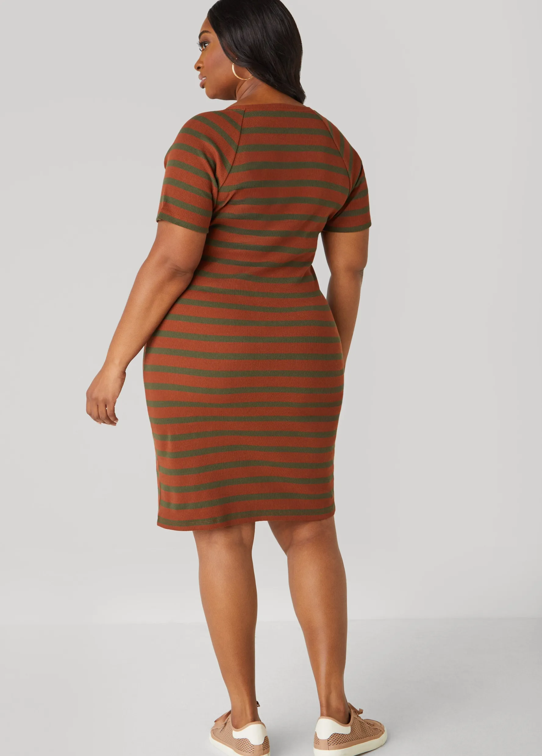 Clearance Ashley Stewart Ribbed Striped T Shirt Dress Caramel Cafe