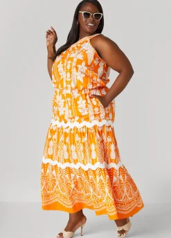 Discount Ashley Stewart Ricrac Trimmed Floral Maxi Skirt Orange