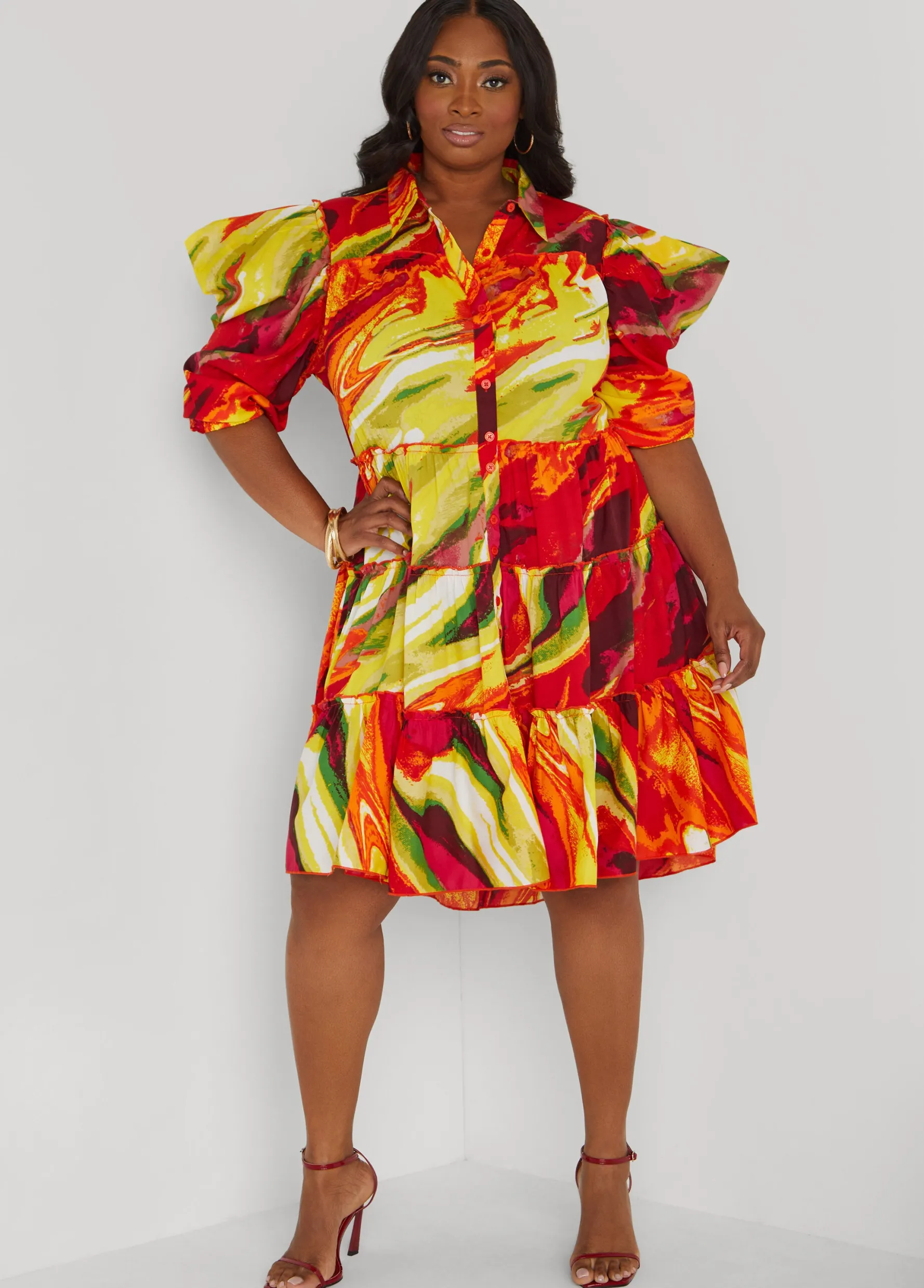Best Ashley Stewart Ruffled Brushstroke Shirtdress Multi