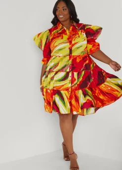 Best Ashley Stewart Ruffled Brushstroke Shirtdress Multi