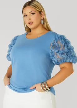 Online Ashley Stewart Ruffled Mesh Paneled Top Riviera
