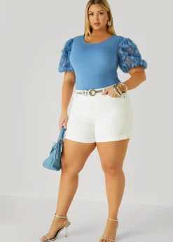 Online Ashley Stewart Ruffled Mesh Paneled Top Riviera