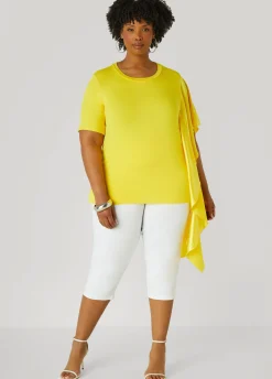 New Ashley Stewart Satin Paneled Stretch Knit Tee Cyber Yellow