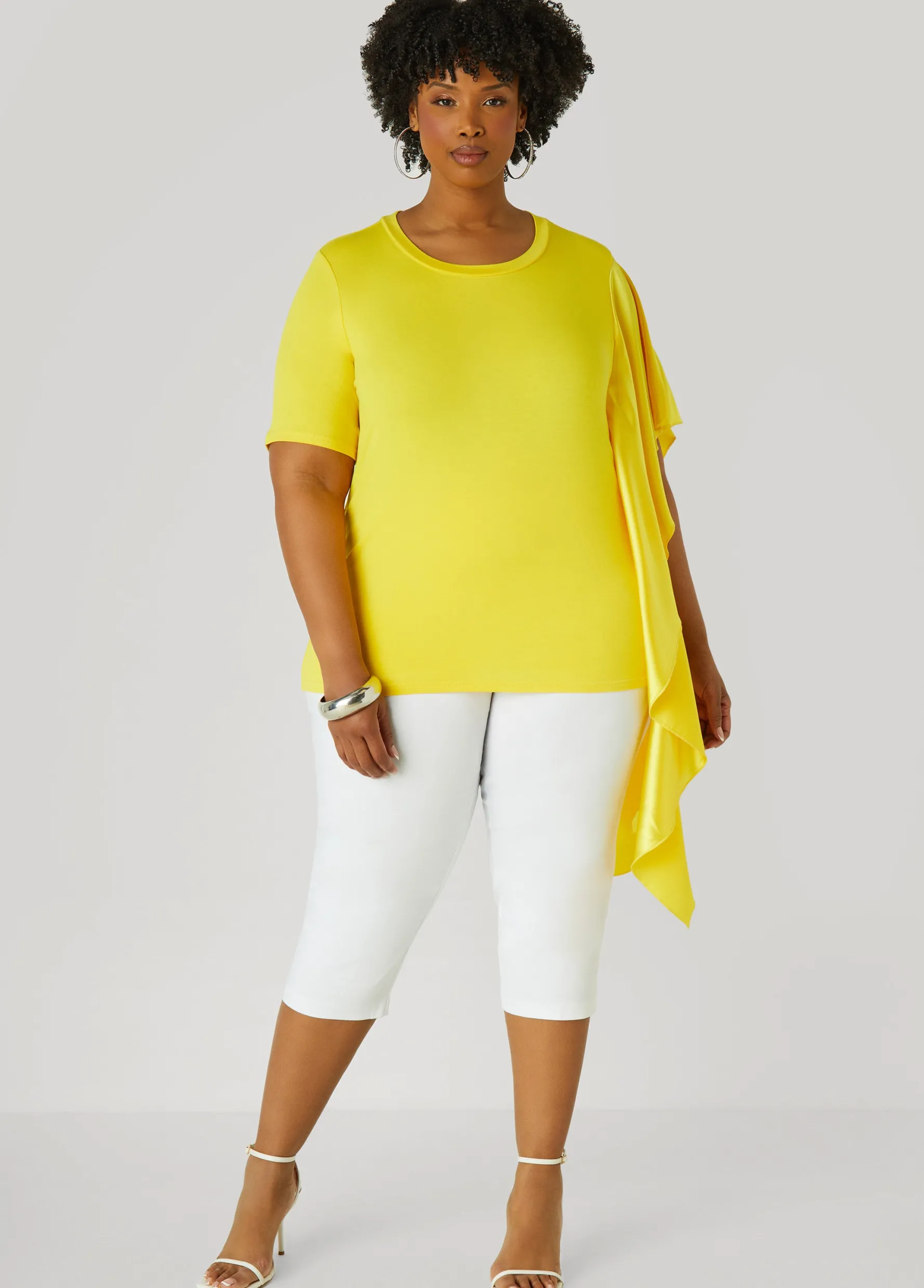 New Ashley Stewart Satin Paneled Stretch Knit Tee Cyber Yellow