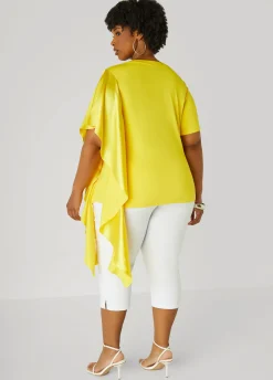 New Ashley Stewart Satin Paneled Stretch Knit Tee Cyber Yellow