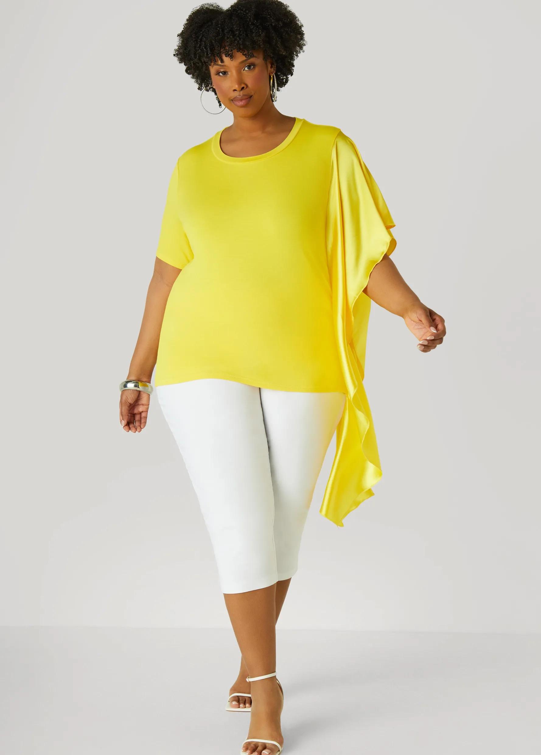 New Ashley Stewart Satin Paneled Stretch Knit Tee Cyber Yellow