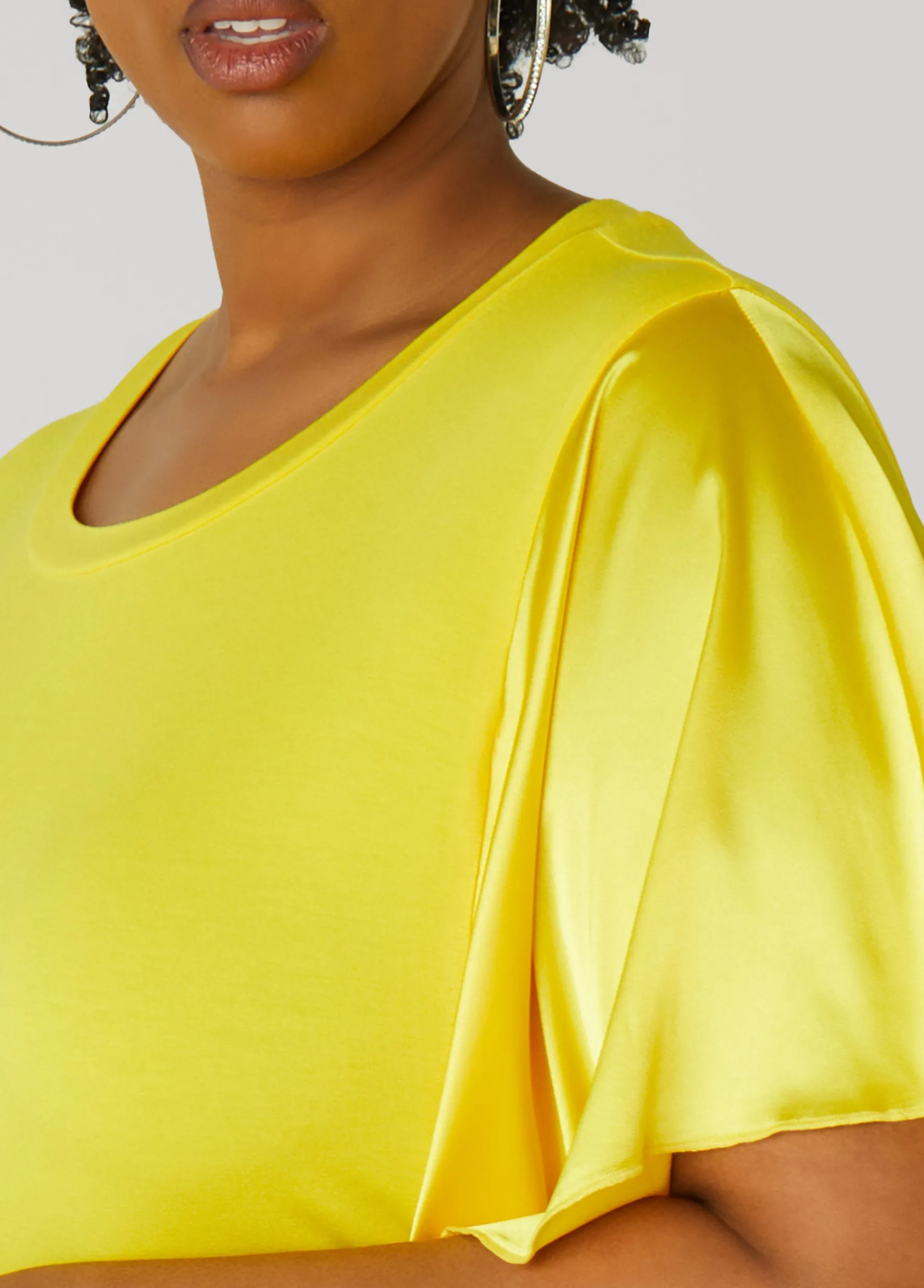 New Ashley Stewart Satin Paneled Stretch Knit Tee Cyber Yellow