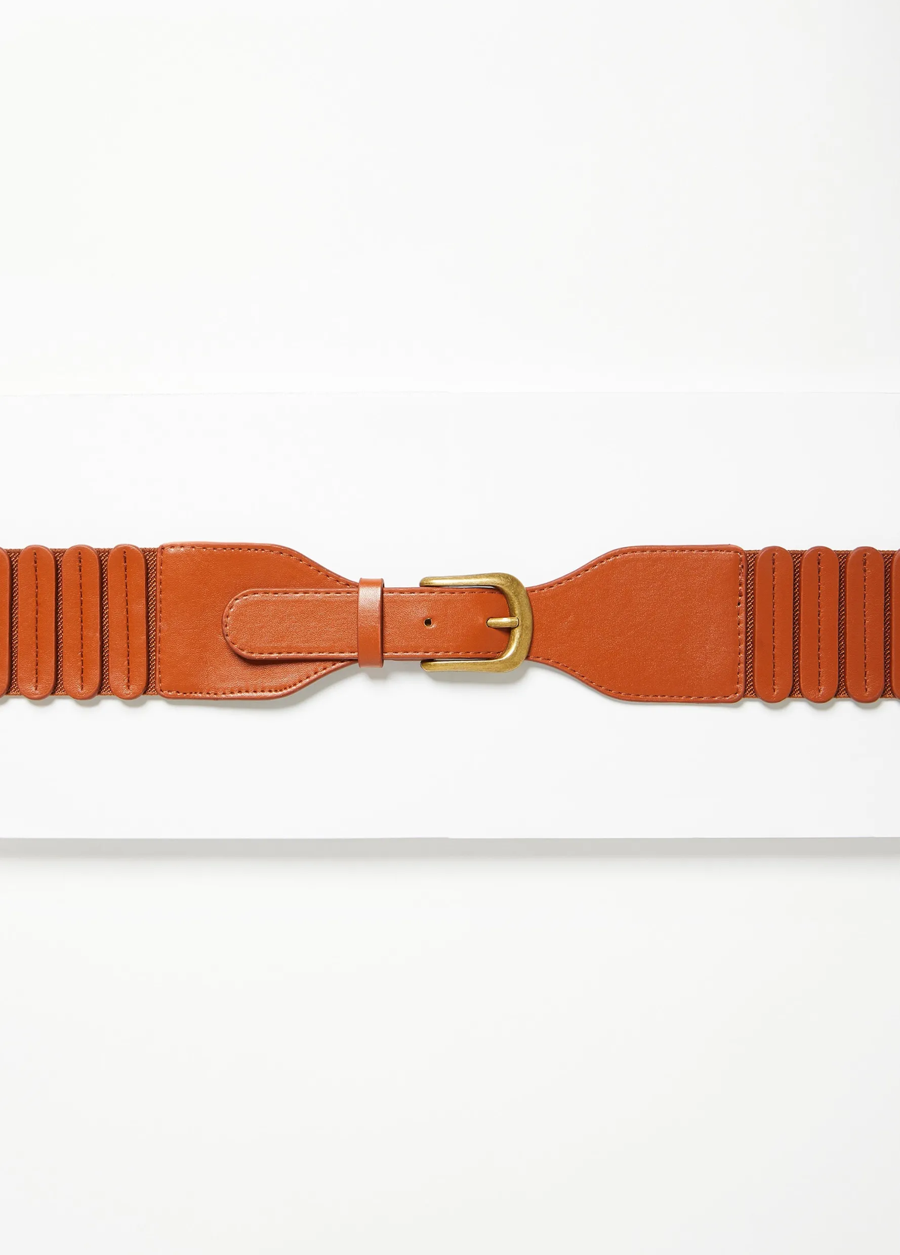 Best Ashley Stewart Scalloped Faux Leather Stretch Belt Cognac