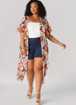 New Ashley Stewart Scarf Print Chiffon Duster Multi
