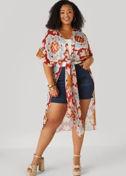 New Ashley Stewart Scarf Print Chiffon Duster Multi