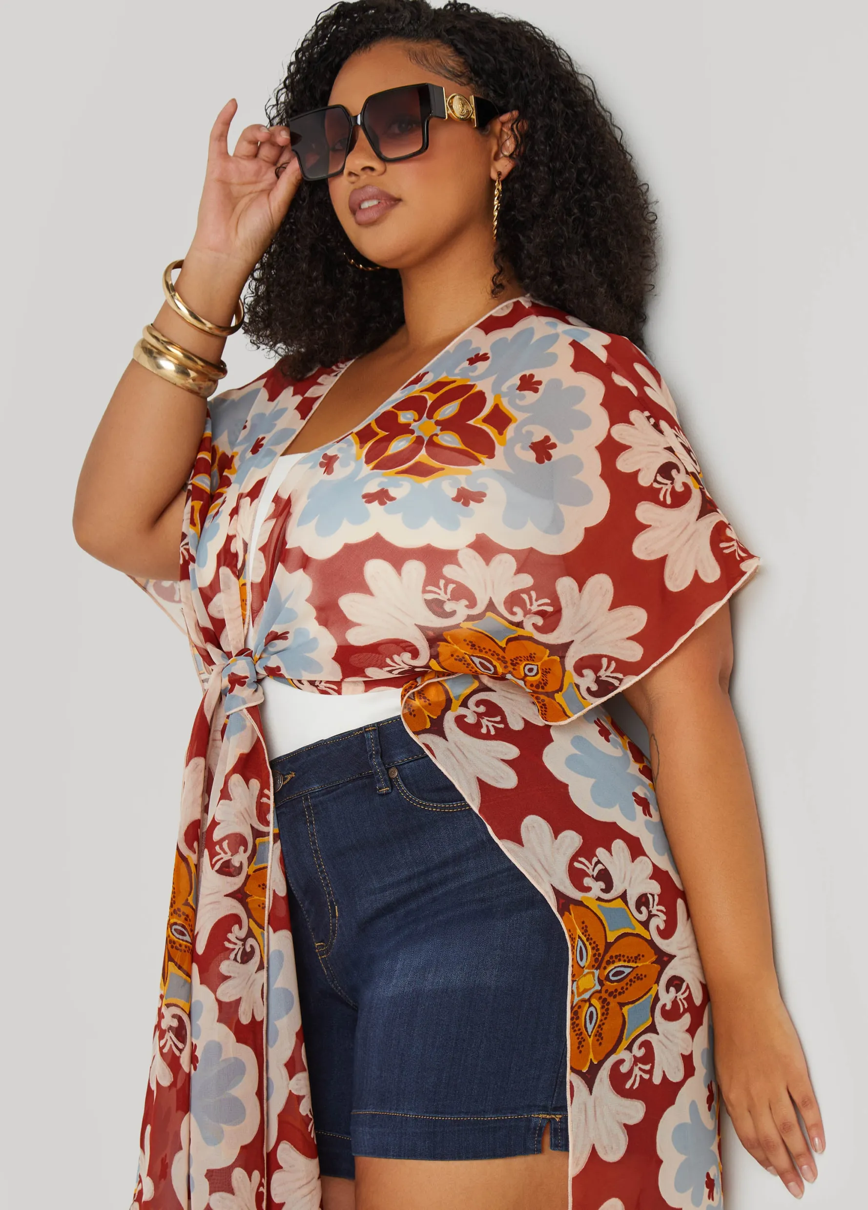New Ashley Stewart Scarf Print Chiffon Duster Multi