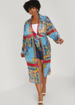 New Ashley Stewart Scarf Print Duster Multi