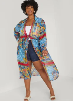 New Ashley Stewart Scarf Print Duster Multi