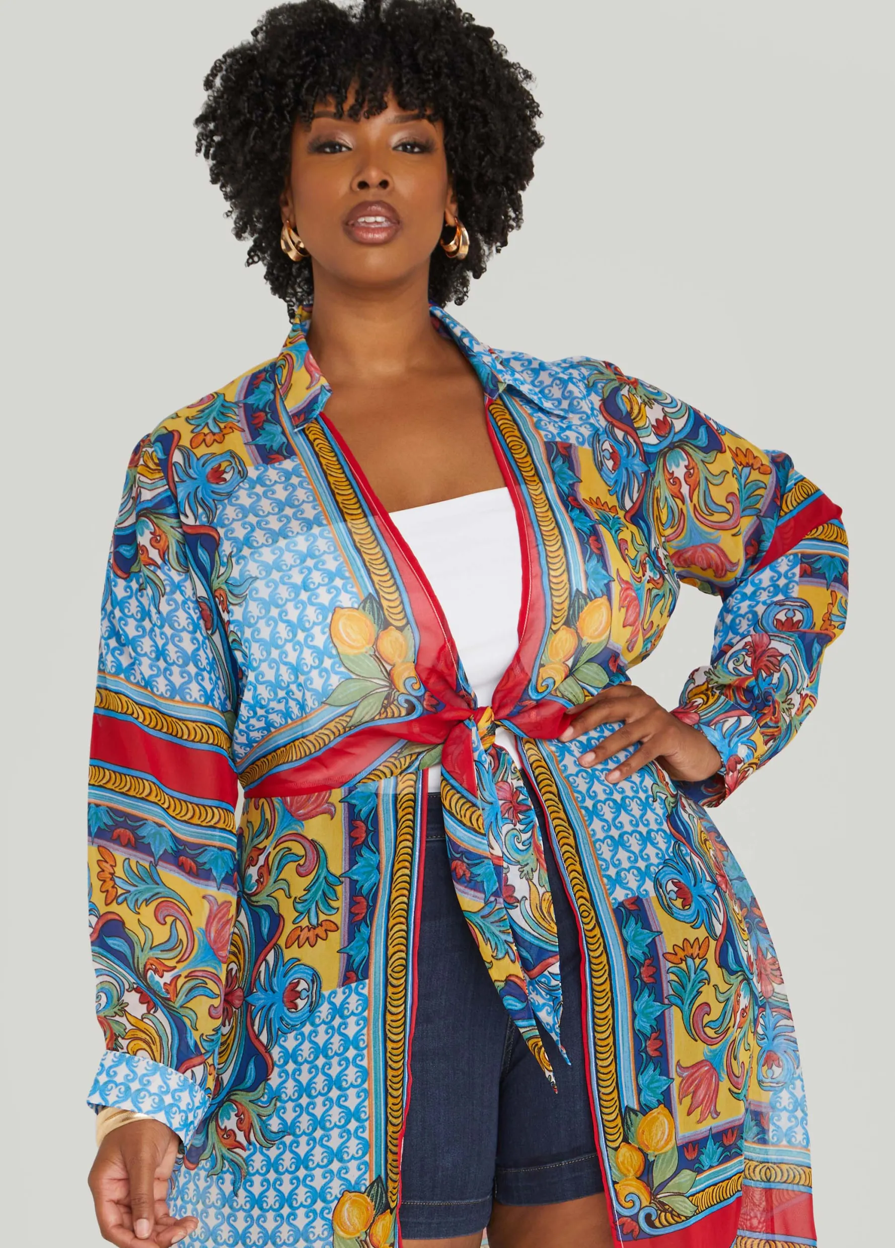 New Ashley Stewart Scarf Print Duster Multi