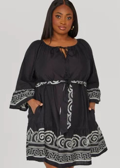 Outlet Ashley Stewart Scroll Print Cotton Swing Dress Black White
