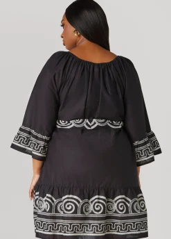 Outlet Ashley Stewart Scroll Print Cotton Swing Dress Black White